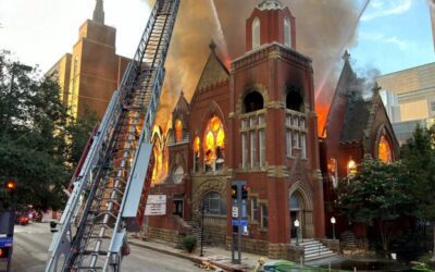 A fire severely damages the historic First Baptist Dallas church sanctuary